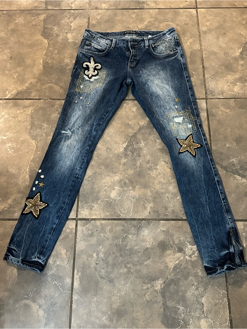 Guess Dark Blue Skinny Jeans with Star & Fleur-de-Lis Embellishments